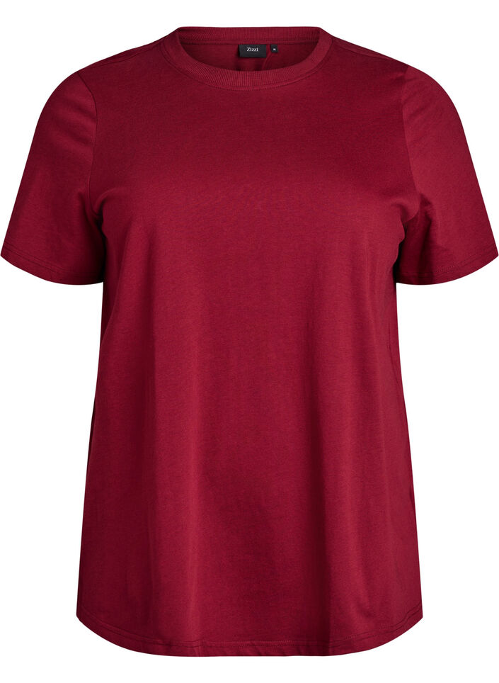 Puuvillainen perus-T-paita, jossa on py&ouml;re&auml; kaula-aukko, Tumma Bordeaux, Packshot image number 0
