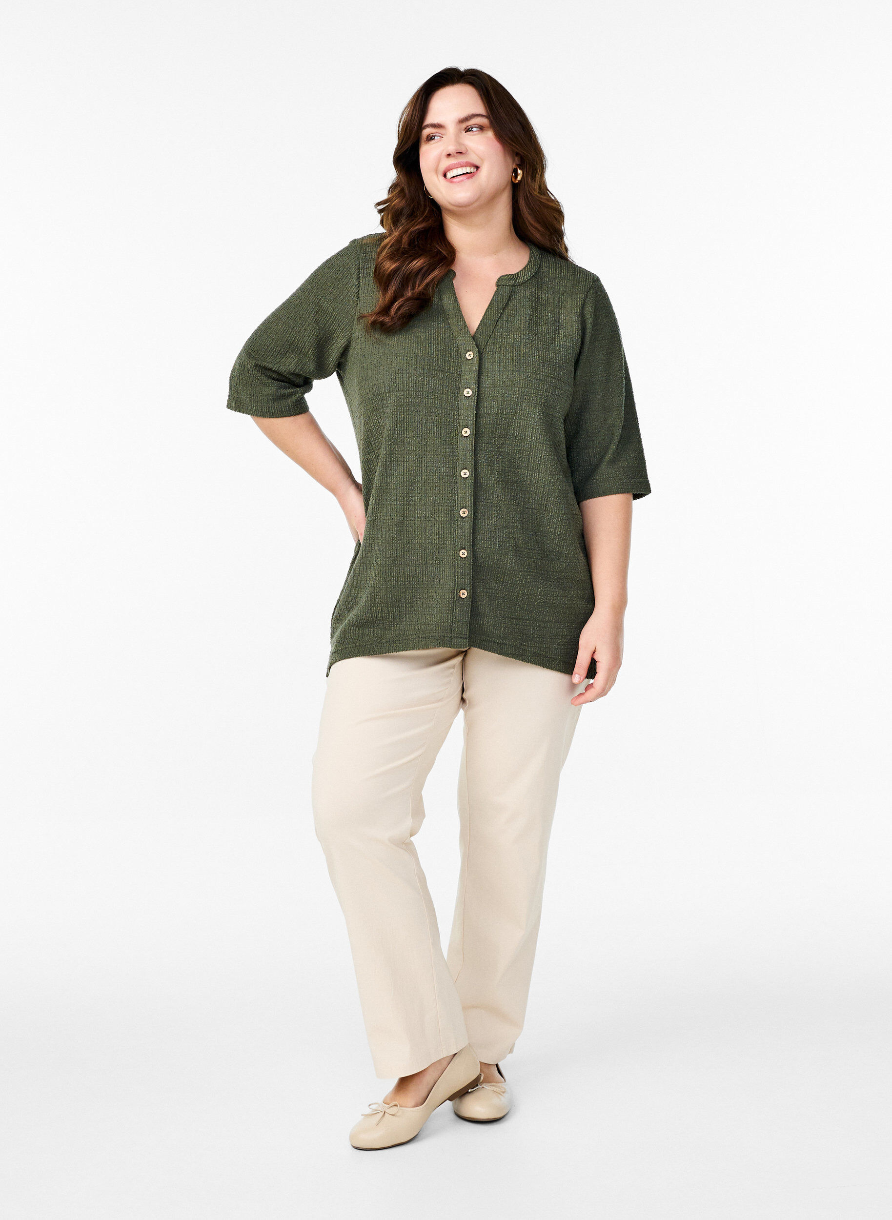 Zizzi Rakennepusero V-p&auml;&auml;ntiell&auml;, Thyme, Model image number 2