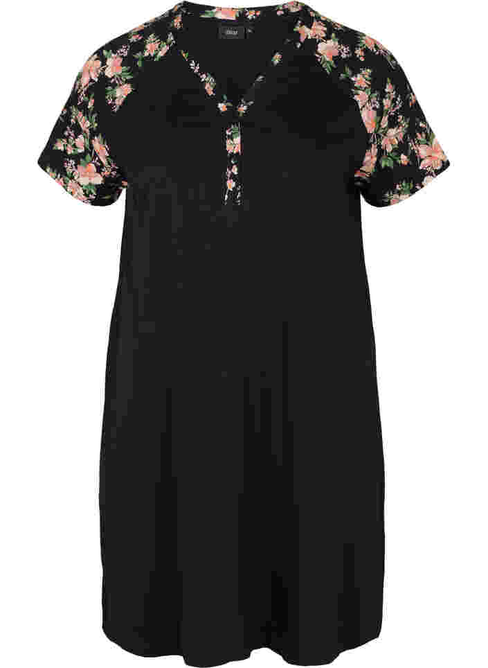 Lyhythihainen puuvillainen yömekko printtiyksityiskohdilla, Black Flower, Packshot image number 0