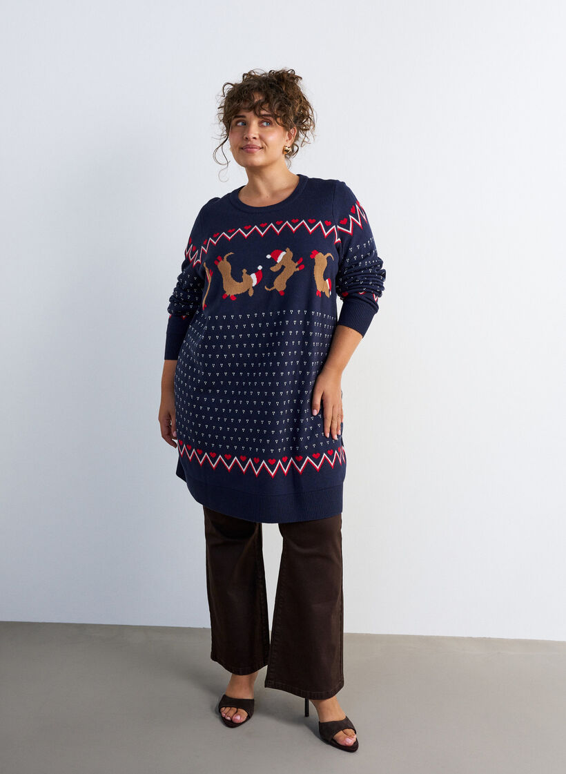 Lyhyt neulemekko joulukuviolla, Sininen, Model image number 1