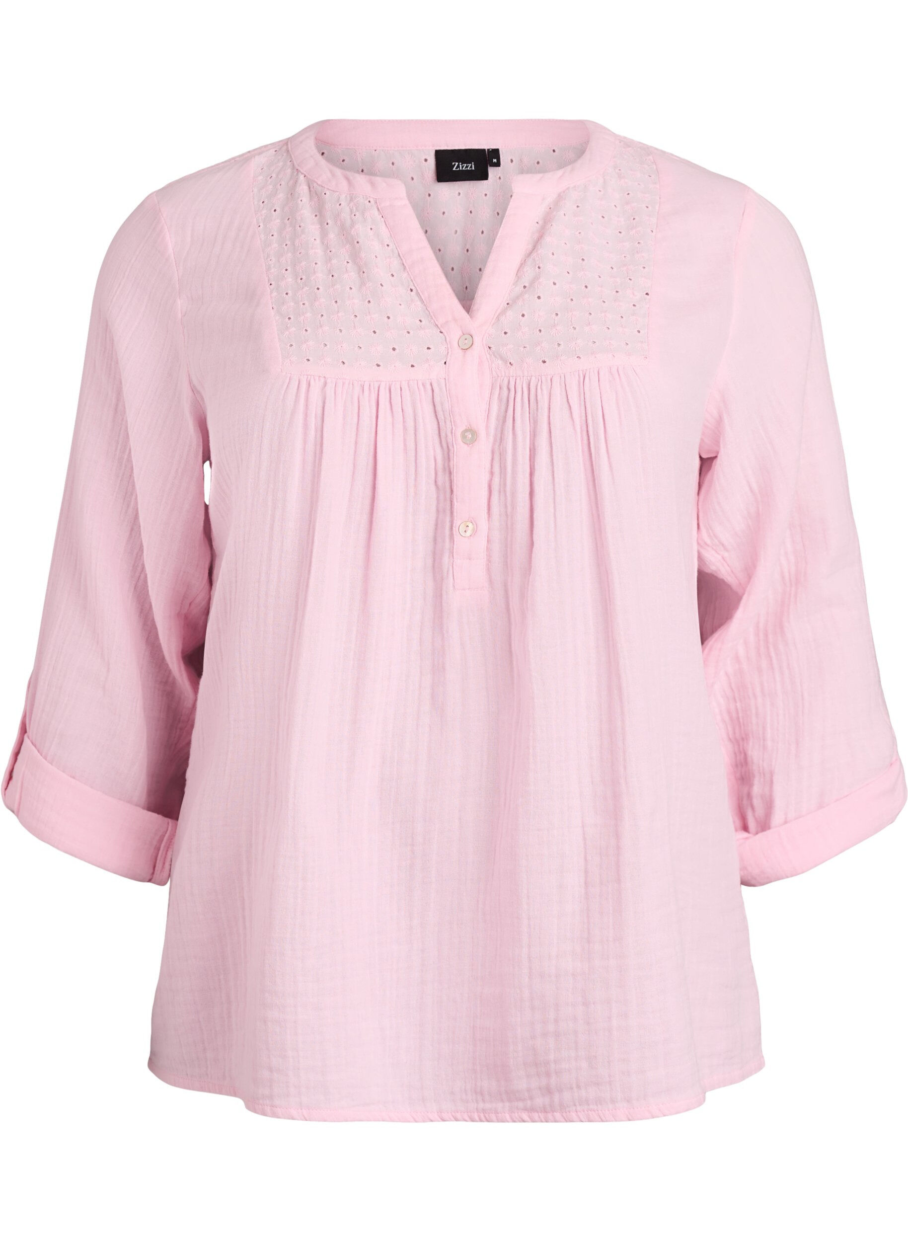 Paita puuvillamusliinissa, jossa broderie anglaise -kirjailu