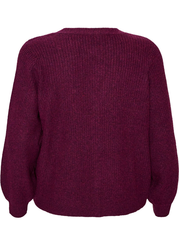 Neuletakki V-p&auml;&auml;ntiell&auml; ja ribatulla tekstuurilla, Violetti, Packshot image number 1