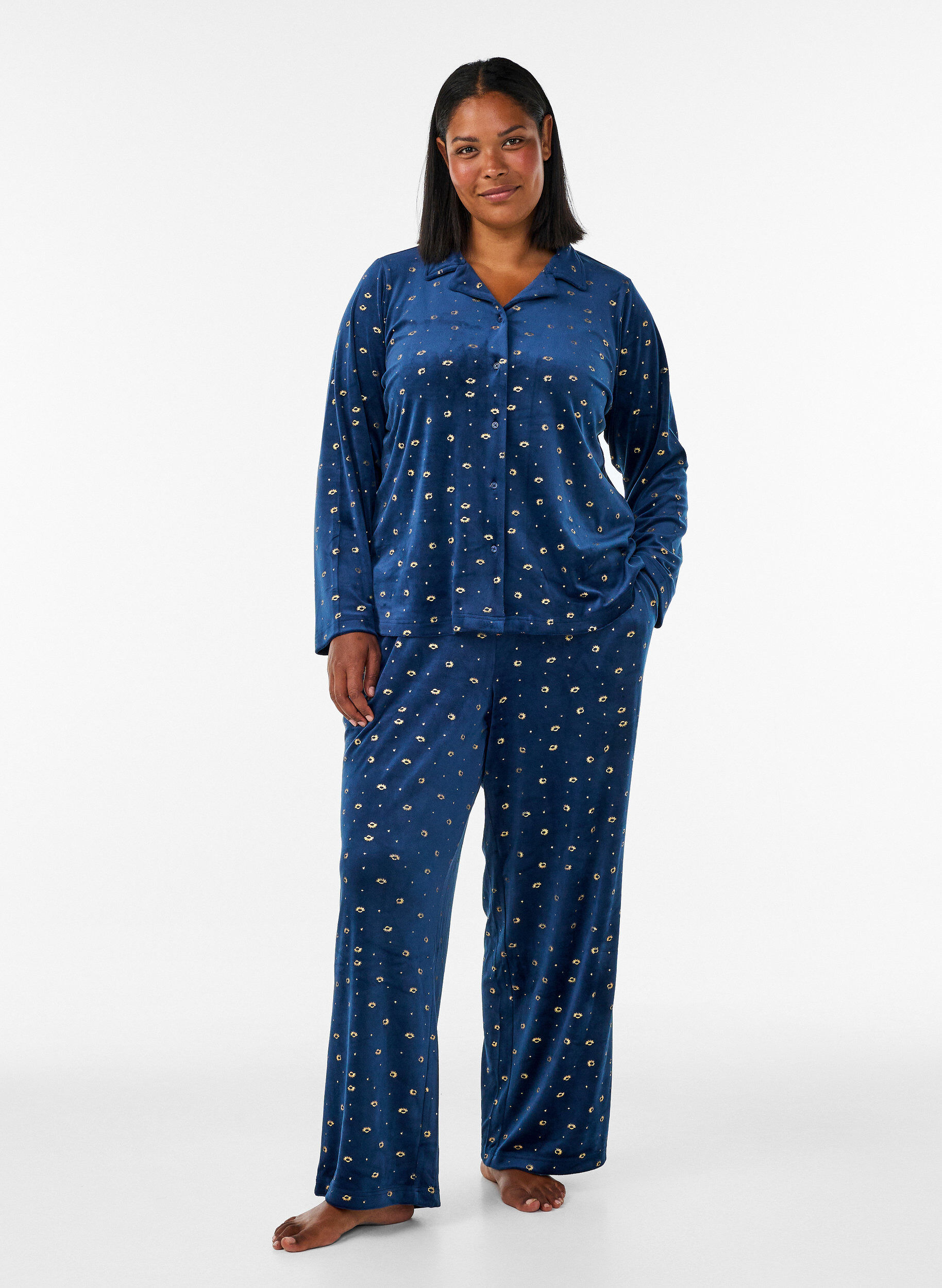 ZizziVeluurinen pyjamapaita kauttaaltaan printill&auml;, Sininen, Model image number 1
