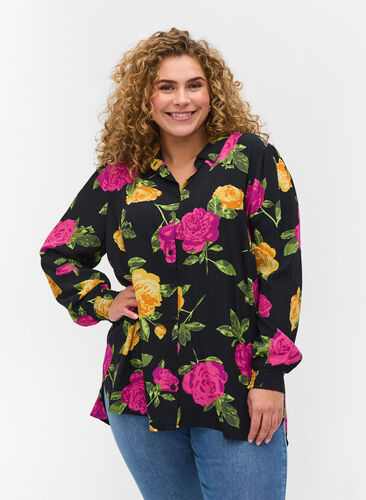 Kukallinen paitapusero napeilla ja smokkirypytyksellä, Black Flower AOP, Model image number 0