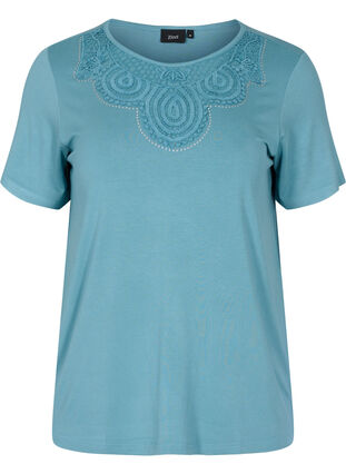 Lyhythihainen viskoosista valmistettu t-paita pitsillä, Smoke Blue, Packshot image number 0
