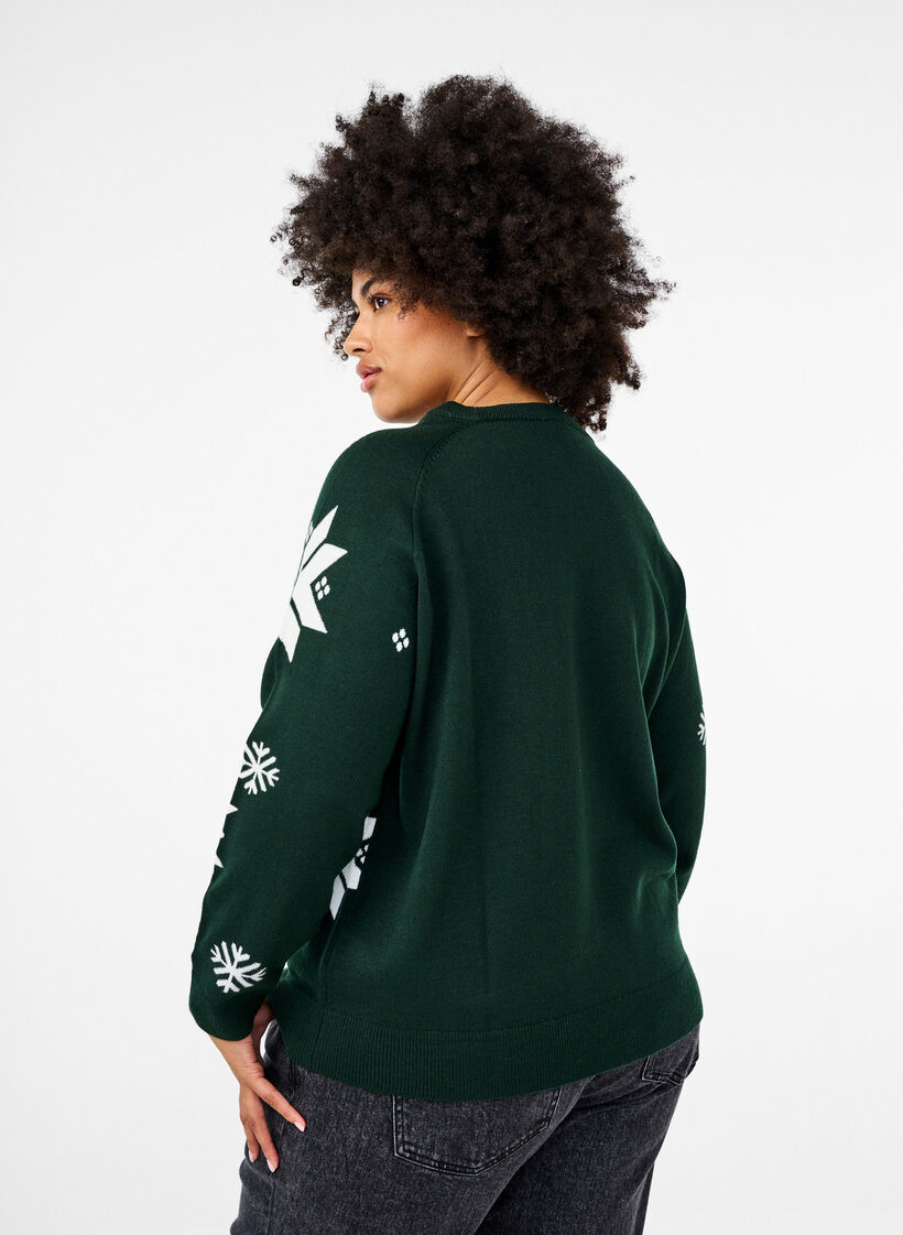 Lumihiutaleilla koristeltu neulottu villapaita, Vihreä, Model image number 2