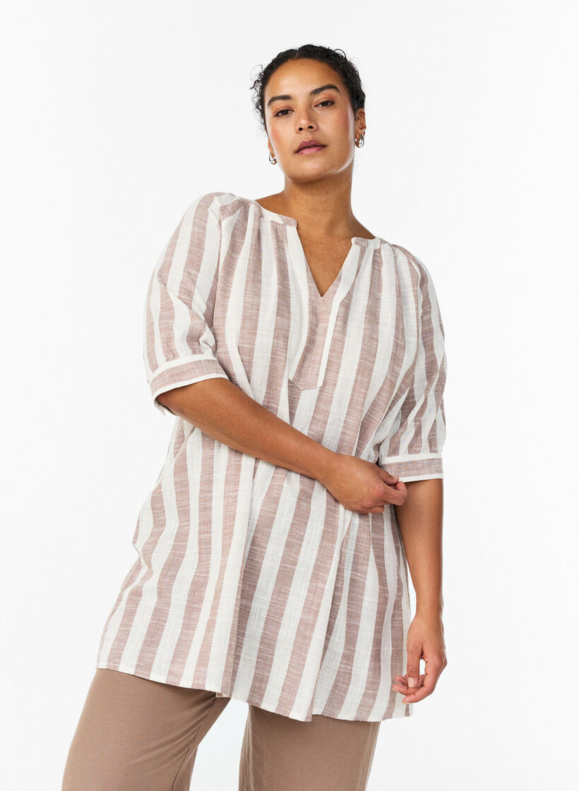 Puuvillatunika V-p&auml;&auml;ntiell&auml;, Beige, Model image number 0