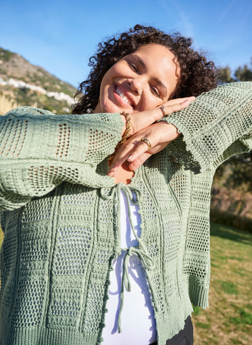 Neuletakki, jossa solmittavat nauhat ja pitsikuviointi, Vihreä, Image image number 0