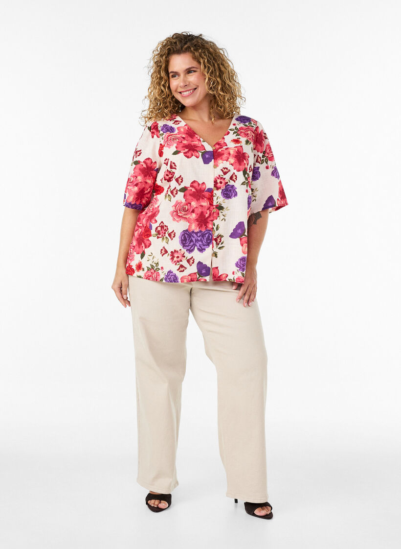 Lyhythihainen puuvillapaita V-p&auml;&auml;ntiell&auml;, Punainen, Model image number 1