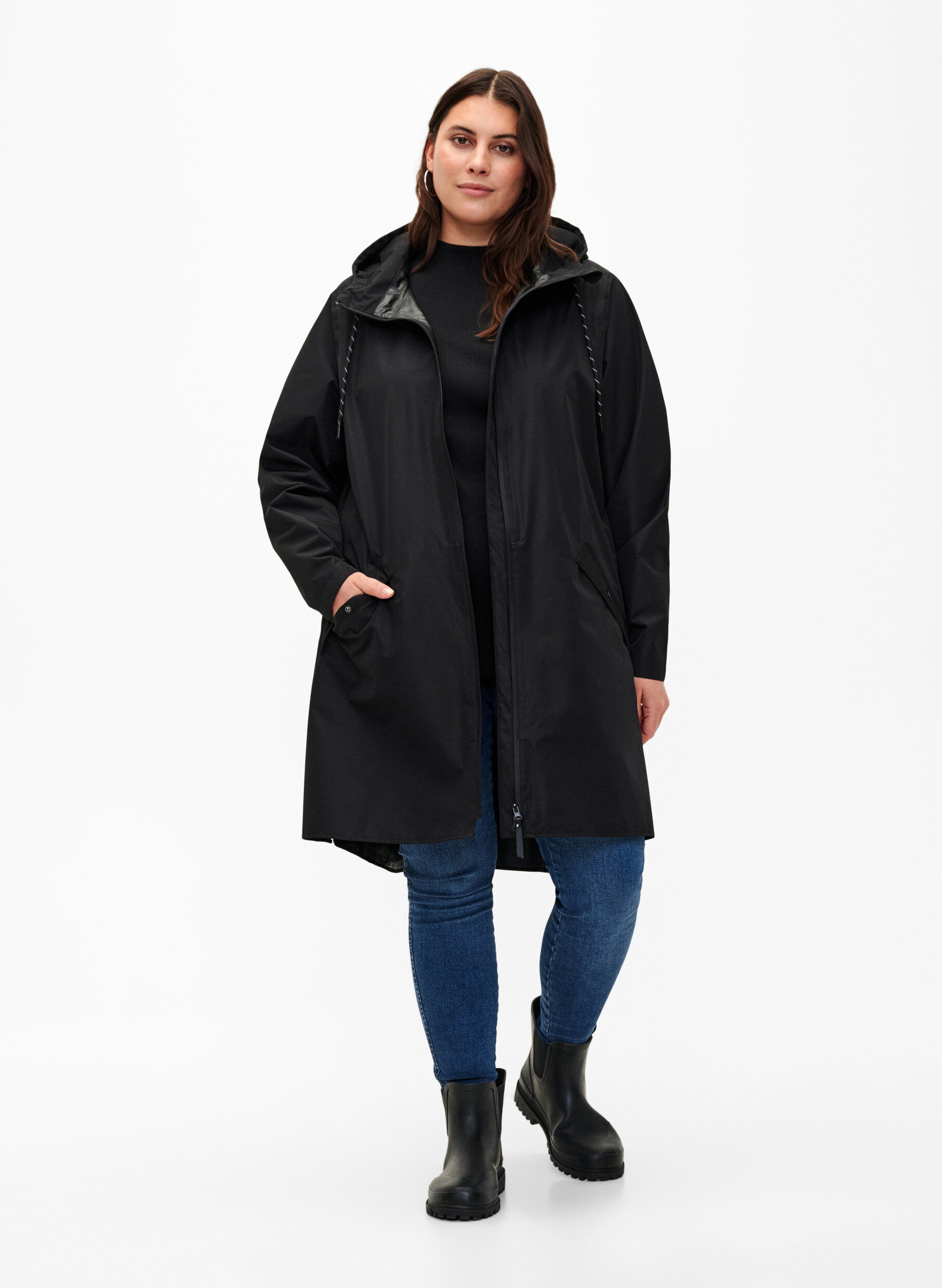 ZizziSadetakki taskuilla ja hupulla, Musta, Model image number 1