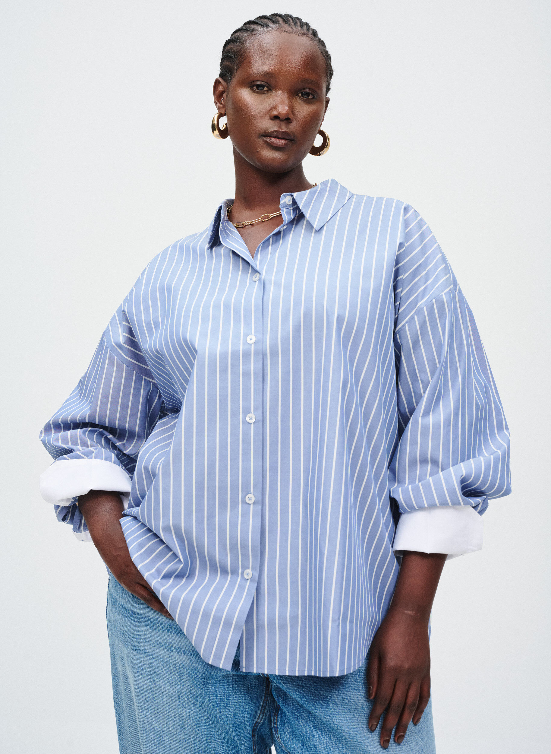 Zizzi Raidallinen paita, jossa kontrastimansetit, Sininen, Image image number 0