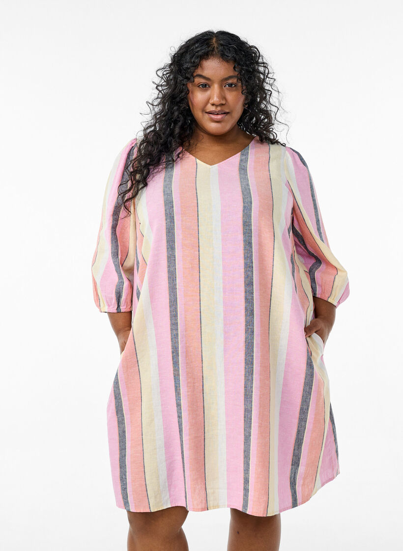 Lyhyt mekko pellavasta ja viskoosista, 3/4-hihoilla., Keltainen, Model image number 0