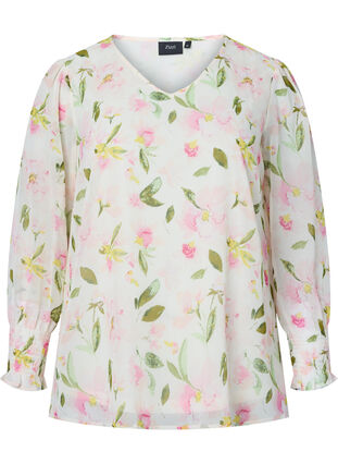 Kuosillinen, v-aukkoinen pusero pitkillä hihoilla, White/Pink Flower, Packshot image number 0