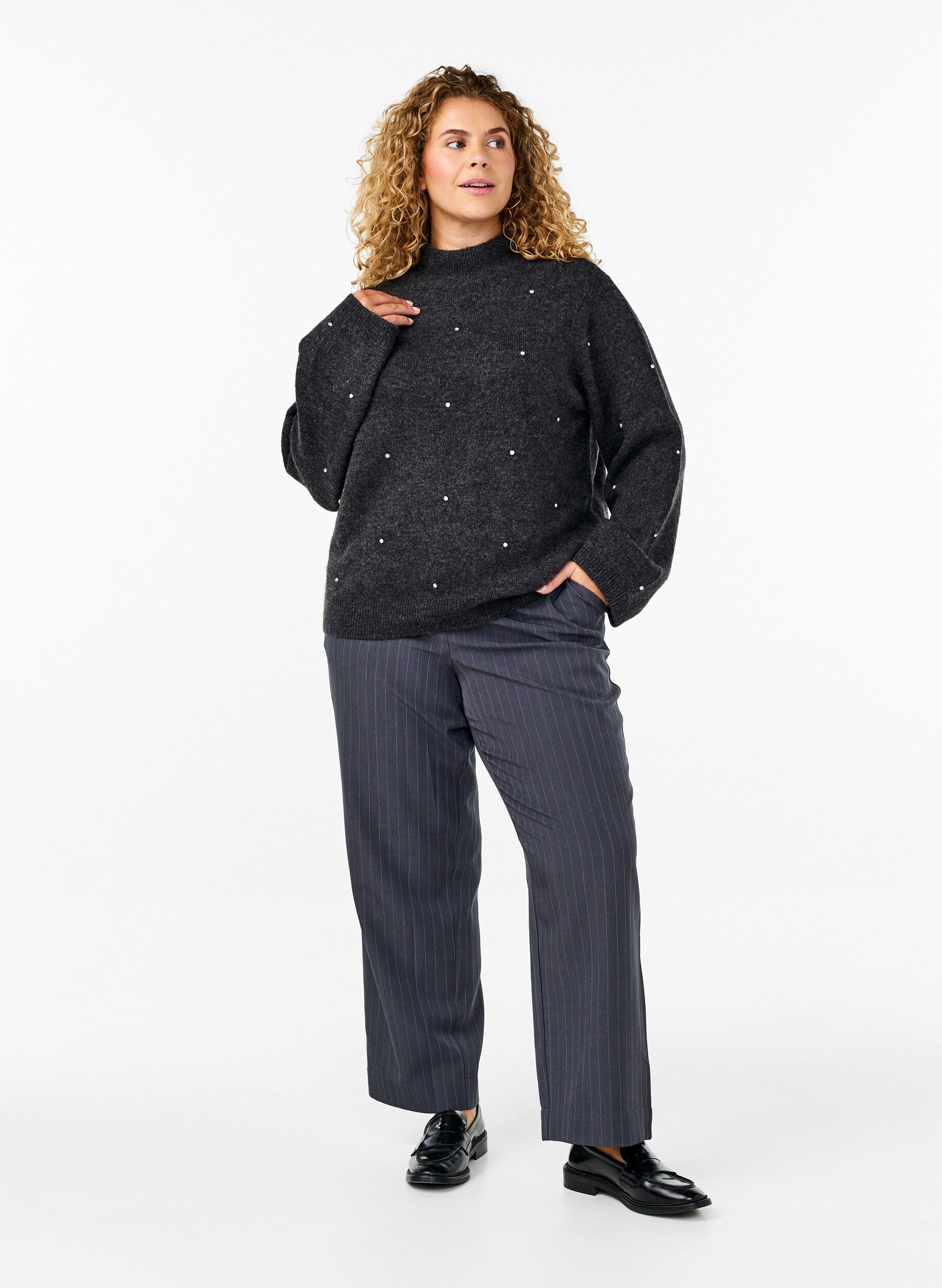 Zizzi Neulepusero strasseilla ja korkealla p&auml;&auml;ntiell&auml;, Dark Grey Melange, Model image number 2