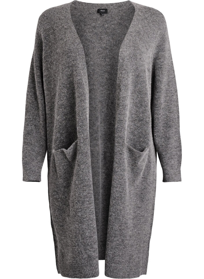 Pitkä neuletakki villaa ja alpakkaa, Harmaa, Packshot image number 0