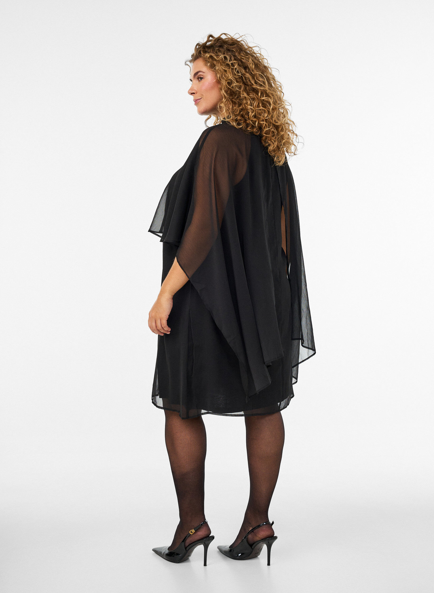 ZizziPolvipituinen sifonkimekko l&auml;pikuultavalla viitalla, Musta, Model image number 2