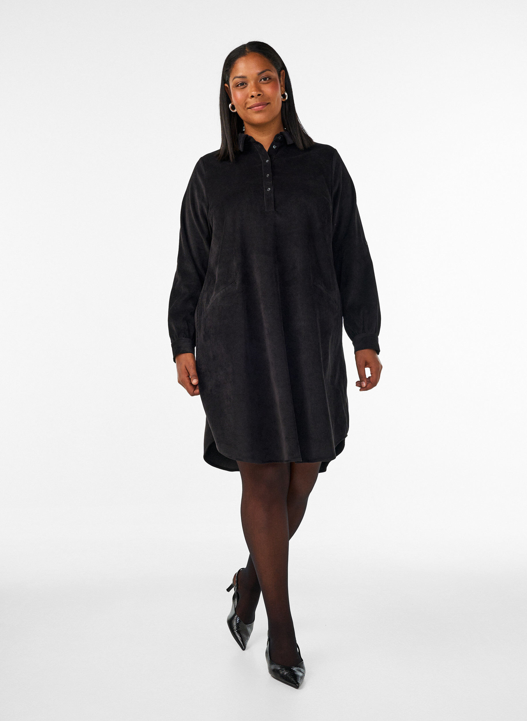 ZizziVakosamettinen paitamekko kauluksella ja napeilla, Musta, Model image number 1