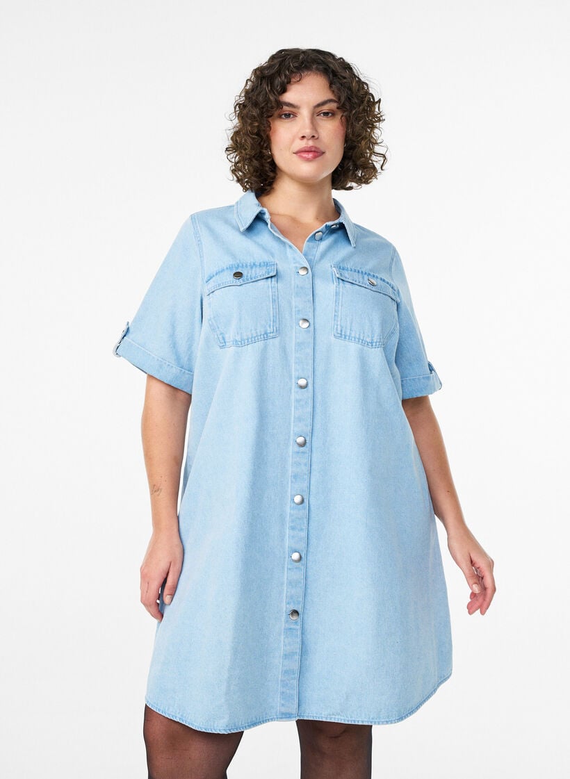 Denimmekko lyhyill&auml; hihoilla ja napeilla, Sininen, Model image number 0