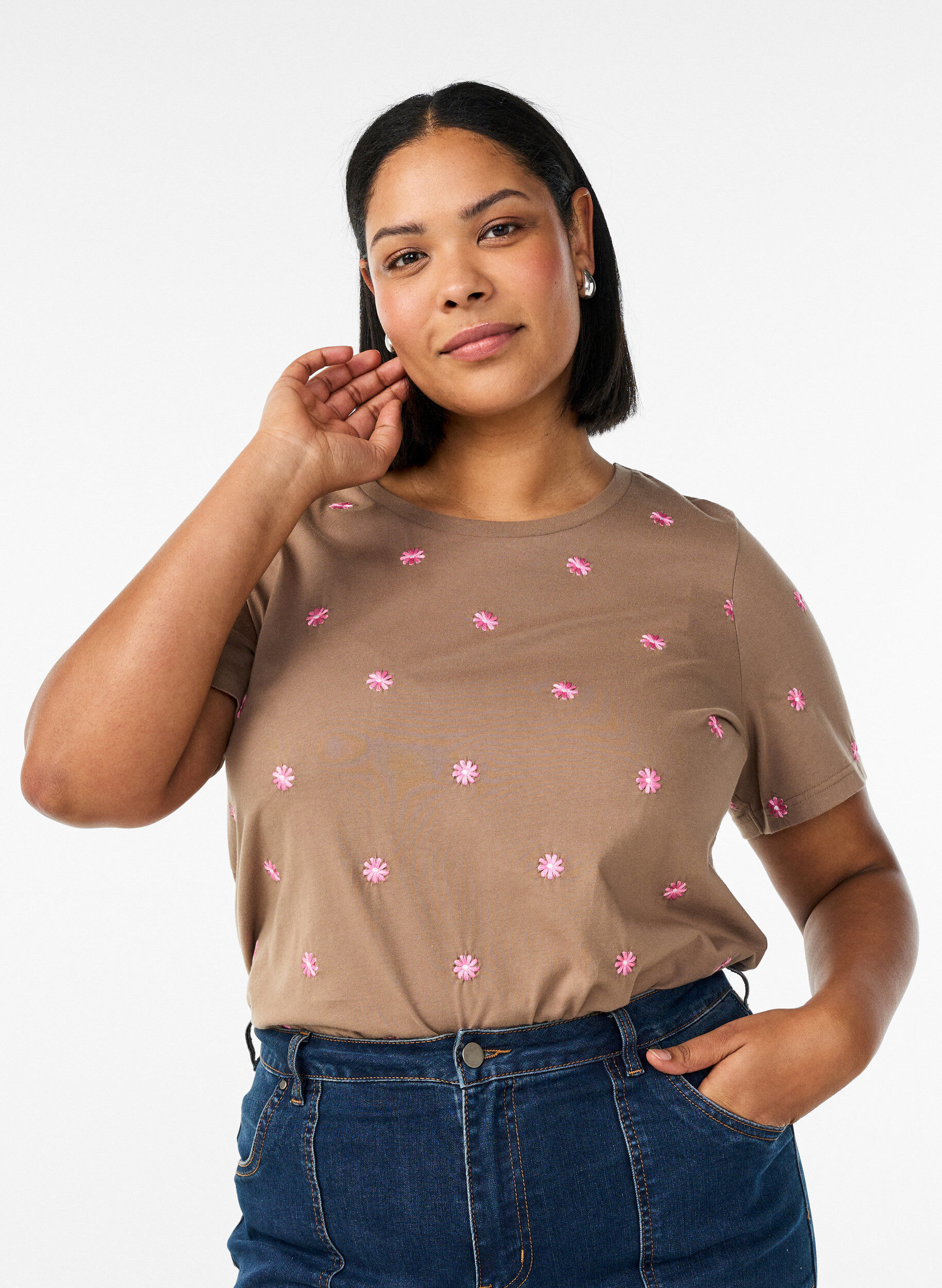 ZizziLuomupuuvillainen T-paita kirjailuilla kuvioilla, Ruskea, Model image number 0