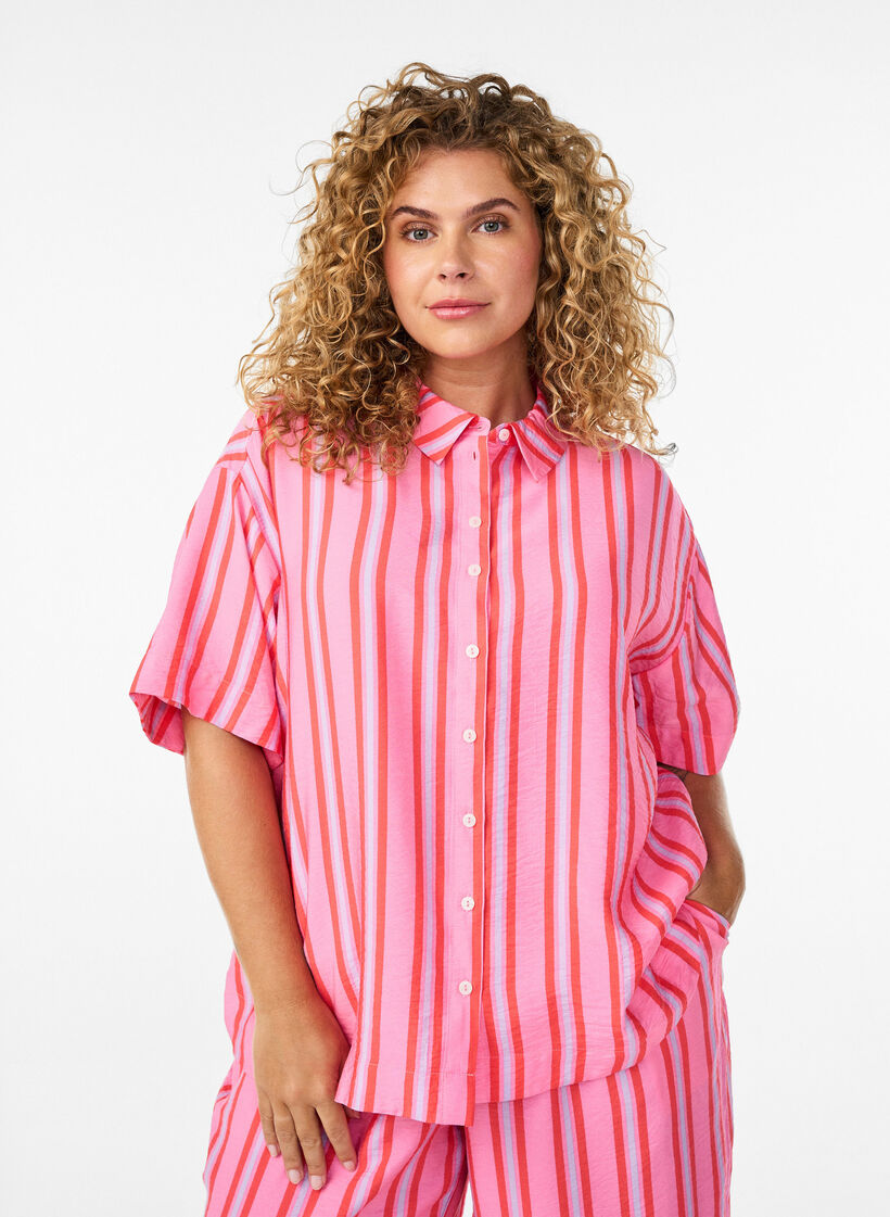 Raidallinen viskoosipaita lyhyill&auml; hihoilla, Vaaleanpunainen, Model image number 0