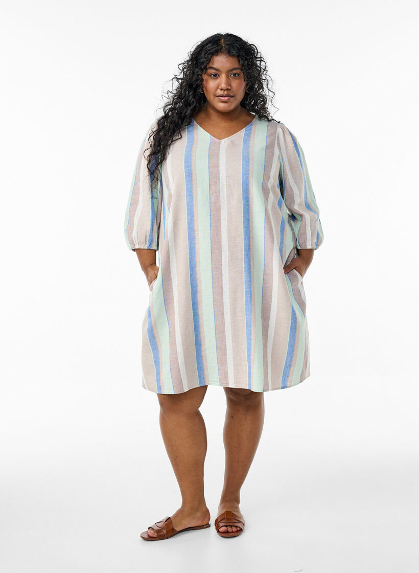 Lyhyt mekko pellavasta ja viskoosista, 3/4-hihoilla., Sininen, Model image number 1