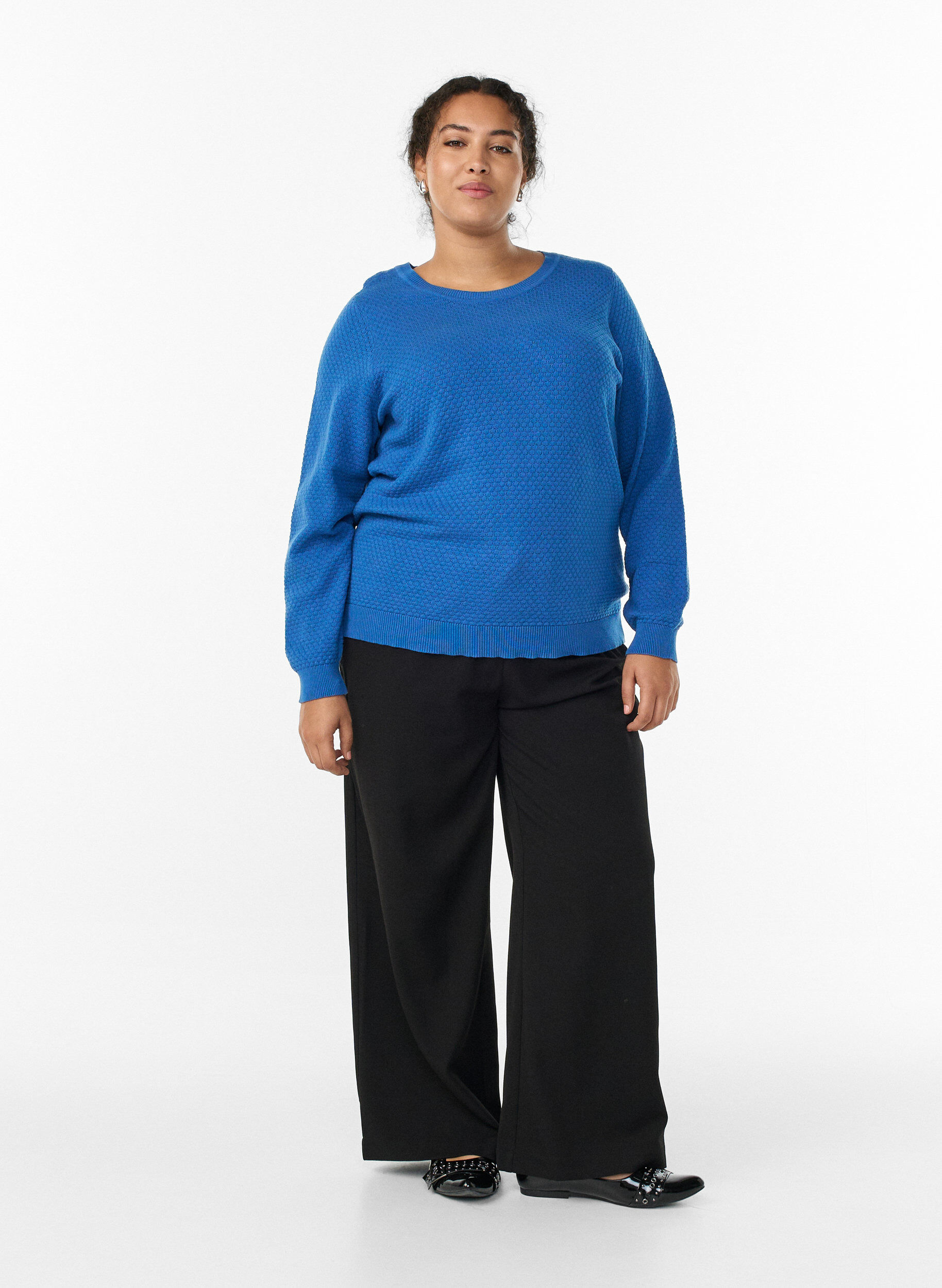 Zizzi Puuvillainen neulepusero, jossa tekstuurikuvio, Sininen, Model image number 1