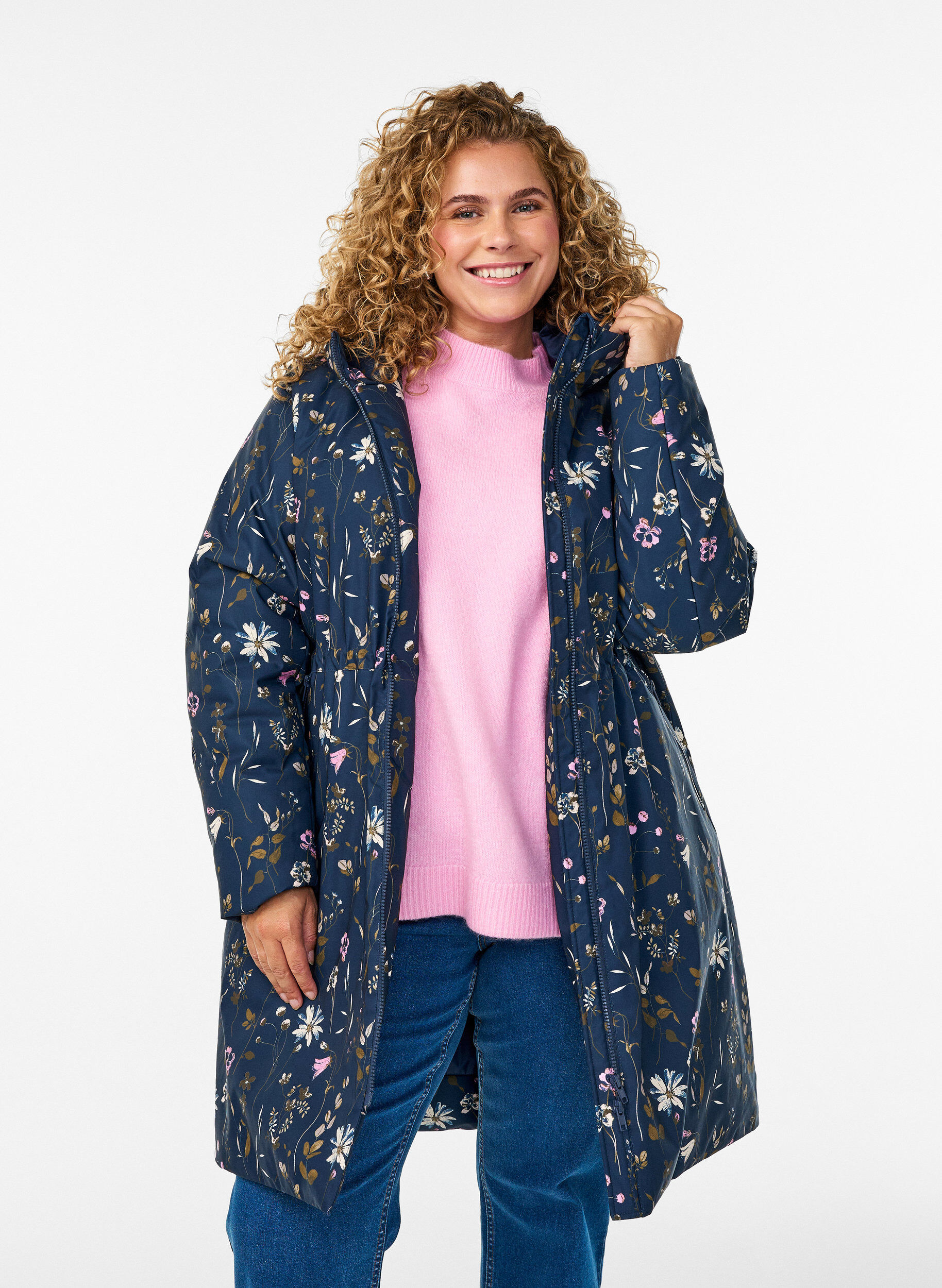 ZizziTopattu talvitakki kukkakuosilla, Sininen, Model image number 3