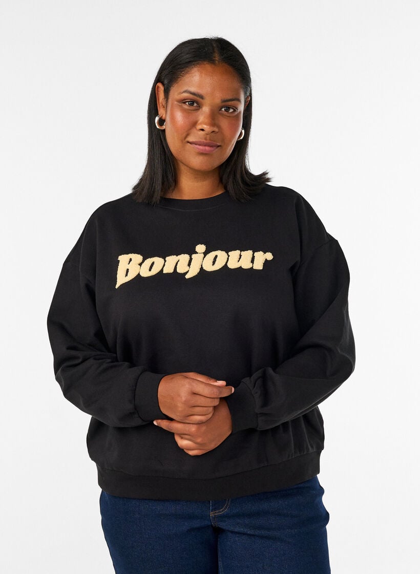 Collegepaita bukleekirjailulla tekstiaiheella, Musta, Model image number 0
