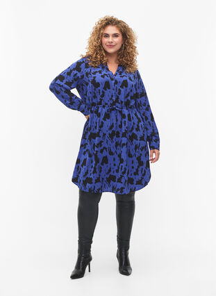 Kuvioitu mekko, jossa on kiristysnauha vyötäröllä, Black Blue AOP, Model image number 2