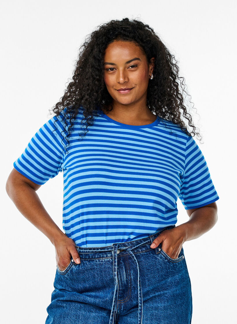 Raidallinen ribattu T-paita, Sininen, Model image number 0