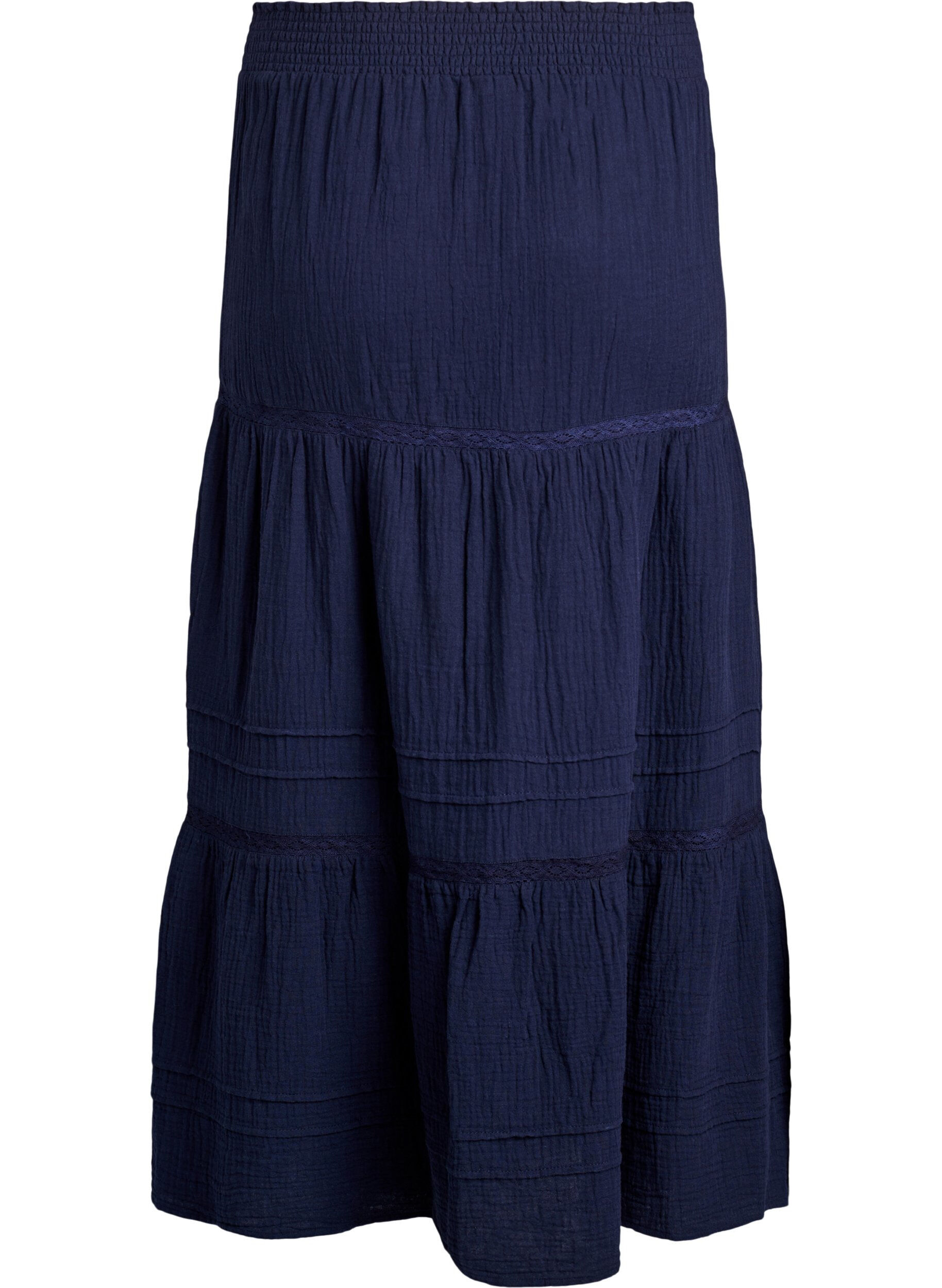 ZizziA-linjainen midihame puuvillamusliinista virkkausnauhalla, Sininen, Packshot image number 1