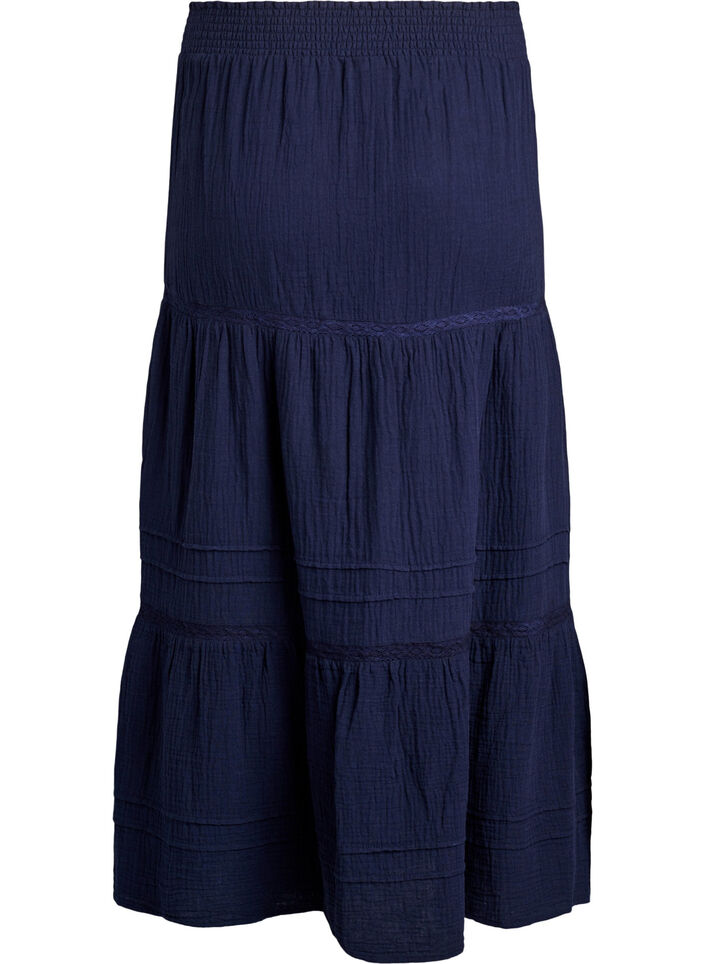 A-linjainen midihame puuvillamusliinista virkkausnauhalla, Sininen, Packshot image number 1