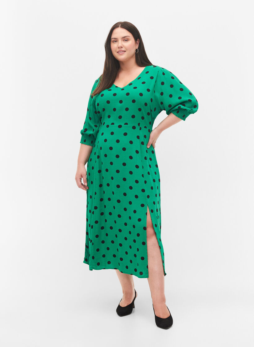 Viskoosinen midimekko pilkuilla, Jolly Green Dot AOP, Model image number 3
