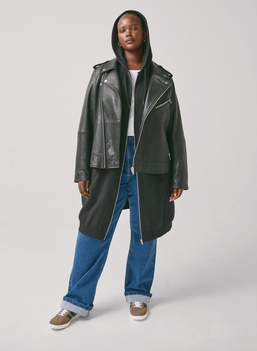 Pitk&auml; puuvillaneuletakki hupulla, Musta, Image image number 0