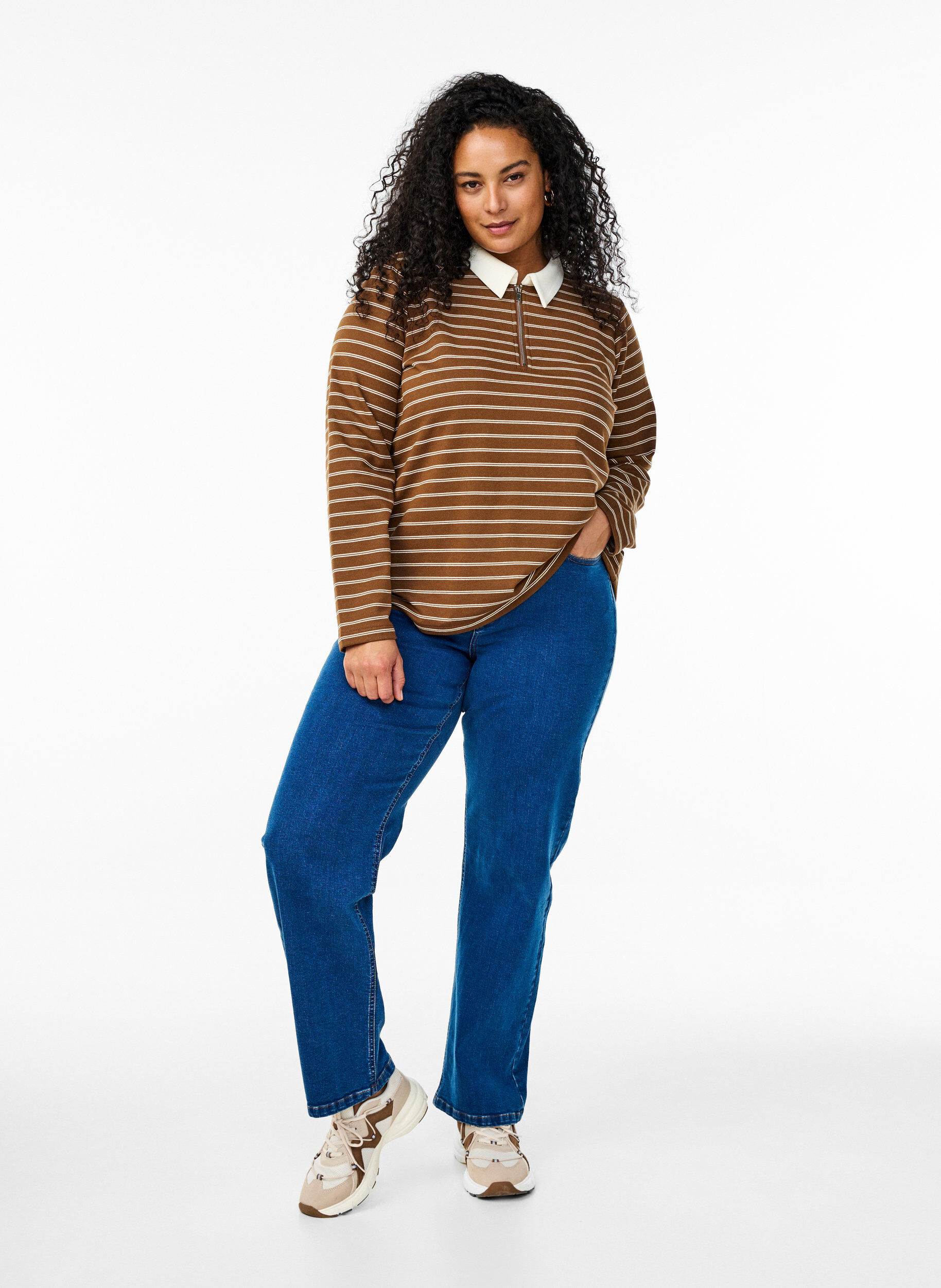 Zizzi Raidallinen pikeepaita vetoketjulla, Ruskea, Model image number 1