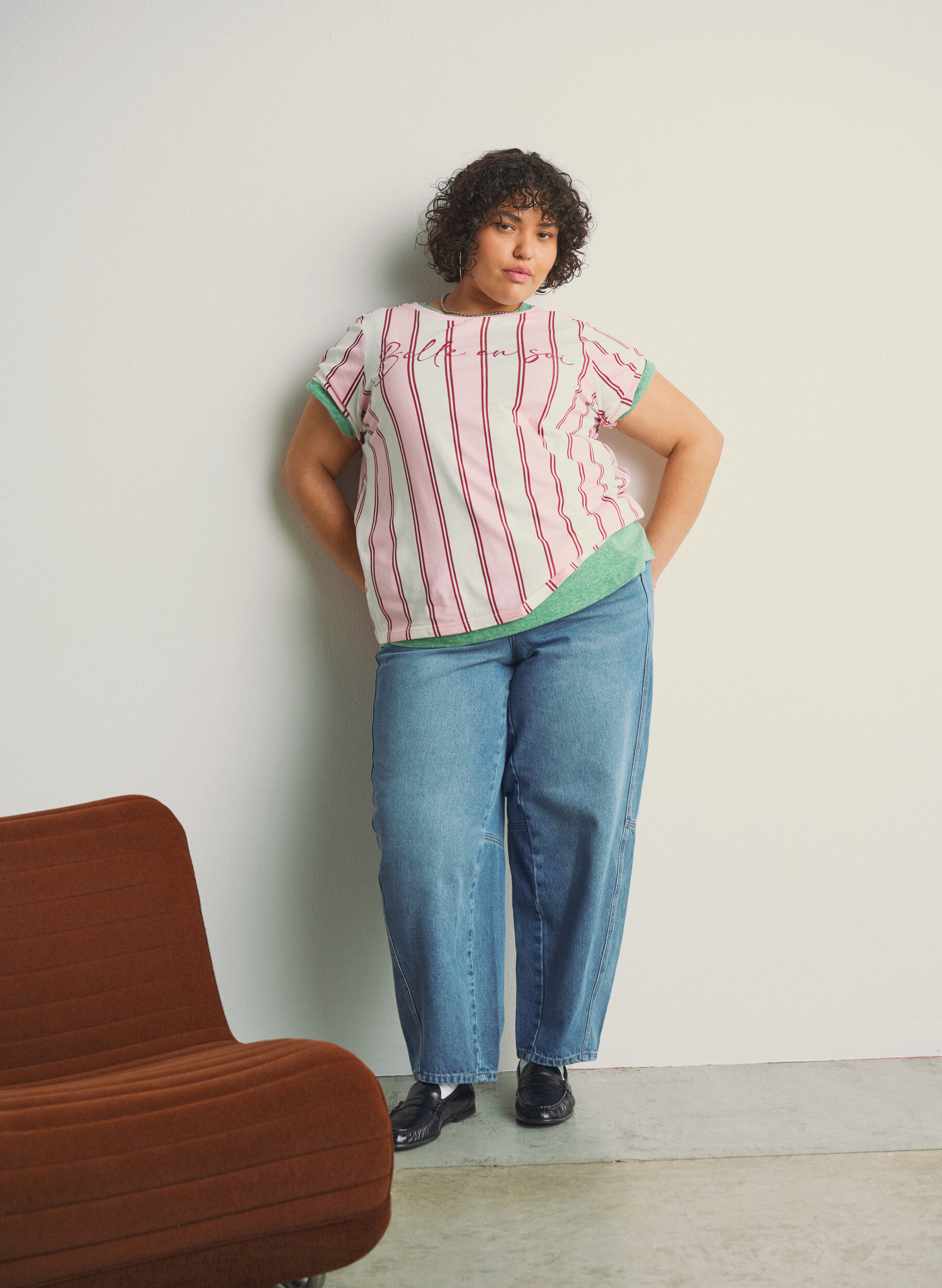 Zizzi T-paita, jossa on raitoja ja tekstipainatus, Vaaleanpunainen, Image image number 0