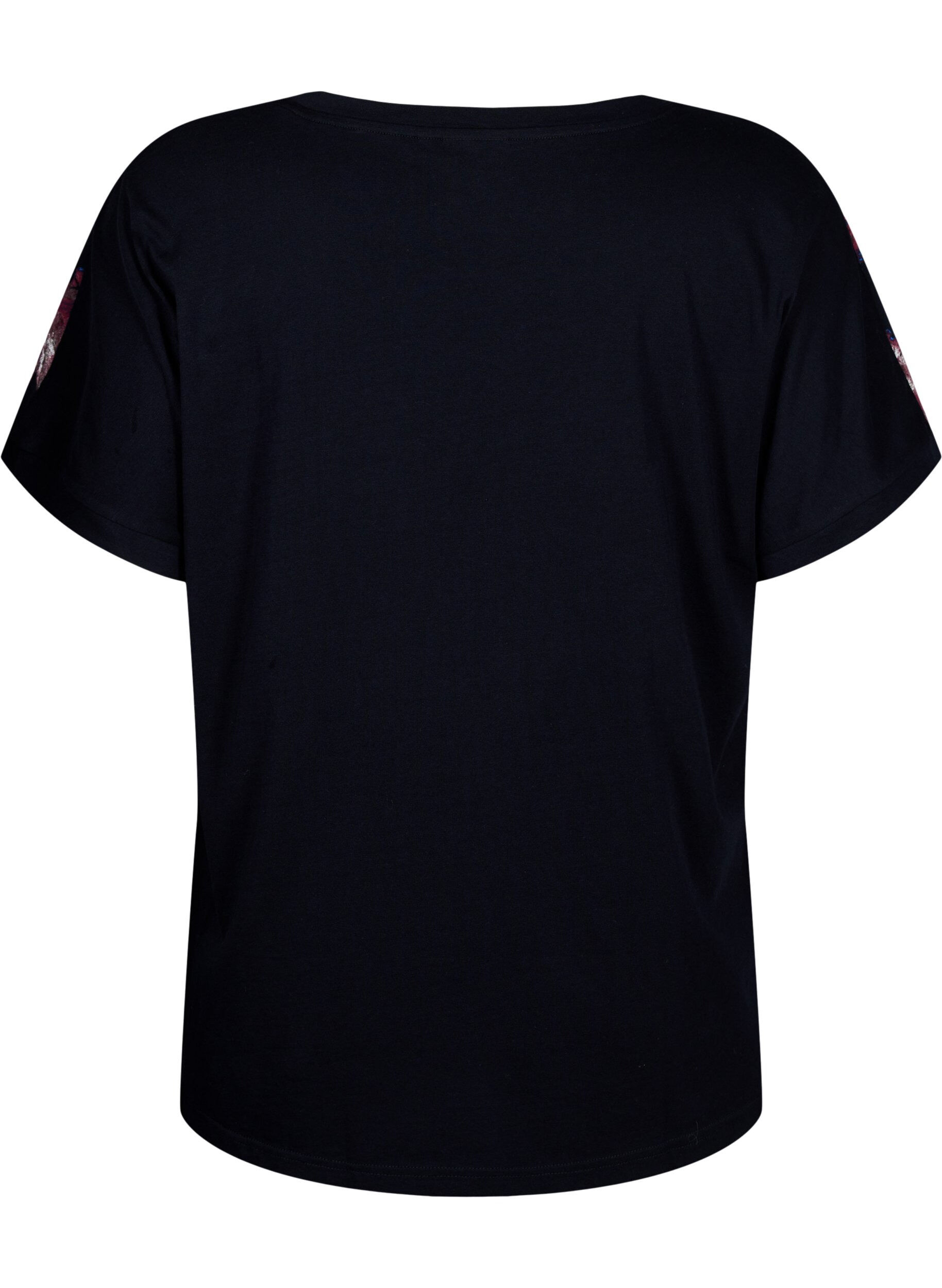 Zizzi V&auml;lj&auml; t-paita kukkakuviolla, Black Purple Fl. AOP, Packshot image number 1