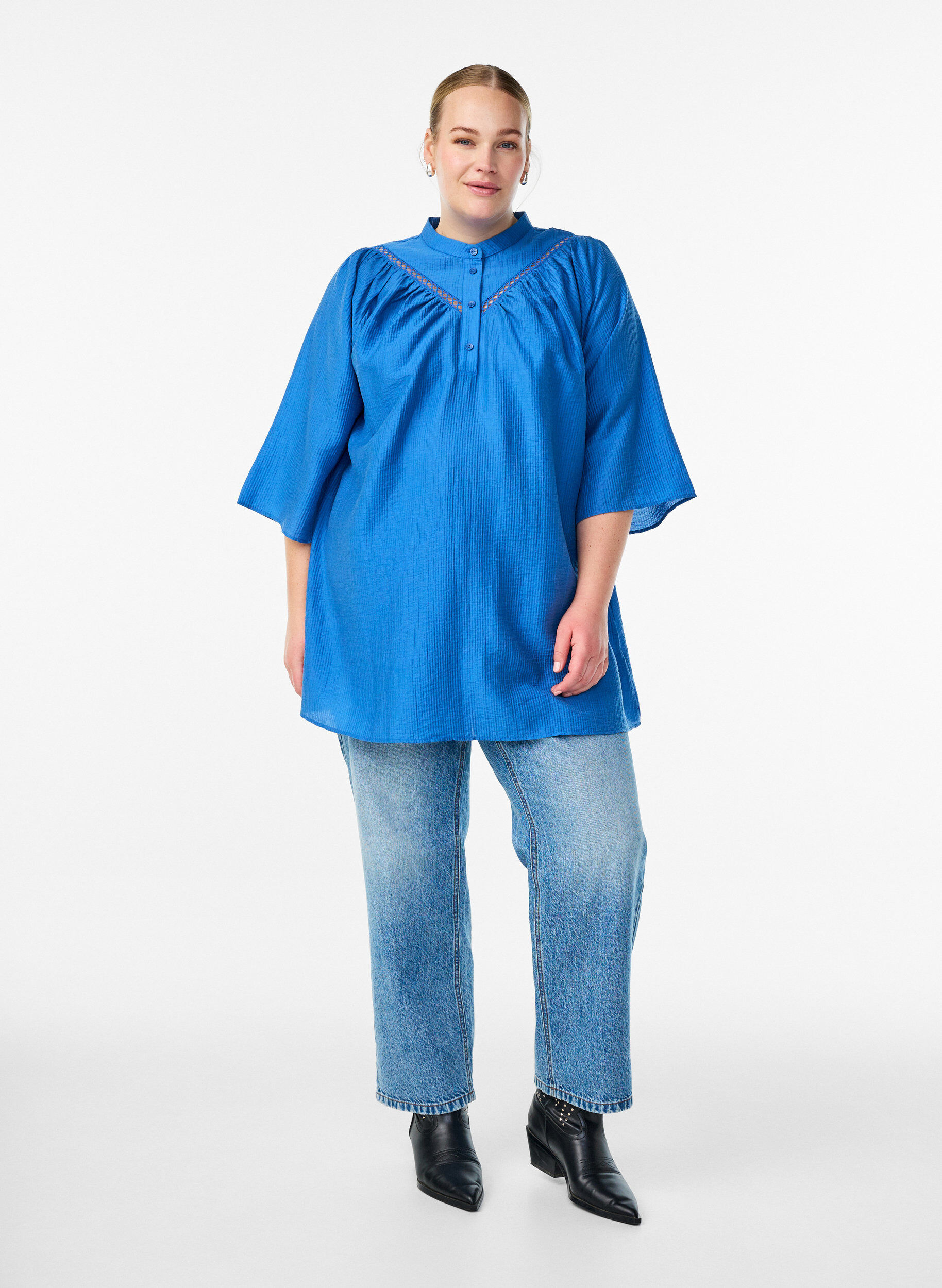 Zizzi Tunika virkkausyksityiskohdilla ja raitatekstuurilla, Sininen, Model image number 1