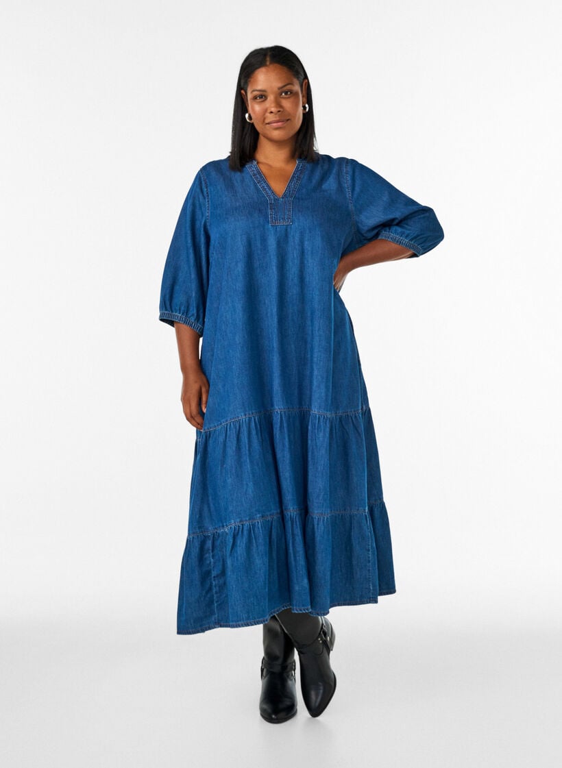 Denim-maximekko r&ouml;yhel&ouml;kerroksilla, Sininen, Model image number 0