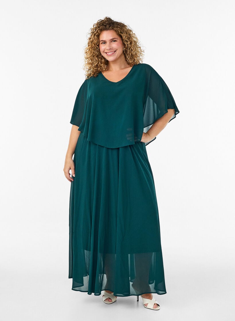 Lyhythihainen A-linjainen maksi mekko, Vihre&auml;, Model image number 0
