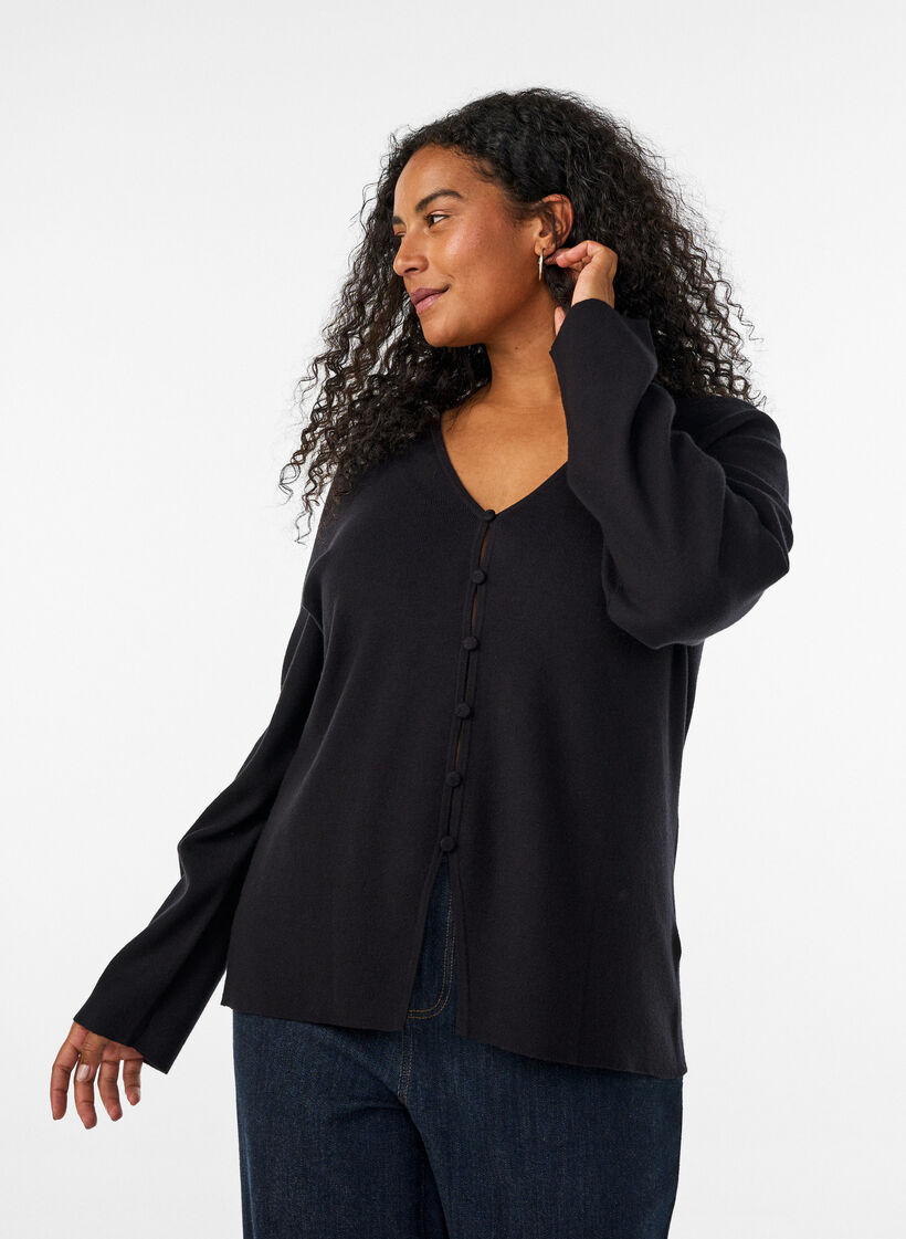 Hienoneuletakki kangasp&auml;&auml;llysteisill&auml; napeilla, Musta, Model image number 0