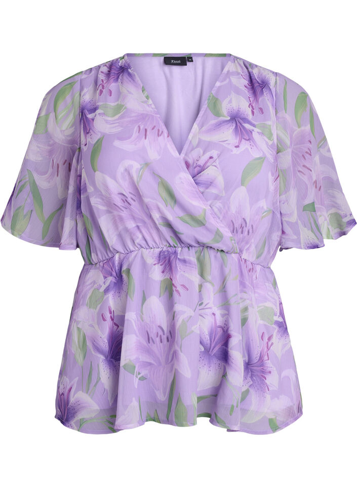 Kukkakuvioinen sifonkipusero lyhyill&auml; hihoilla, Violetti, Packshot image number 0