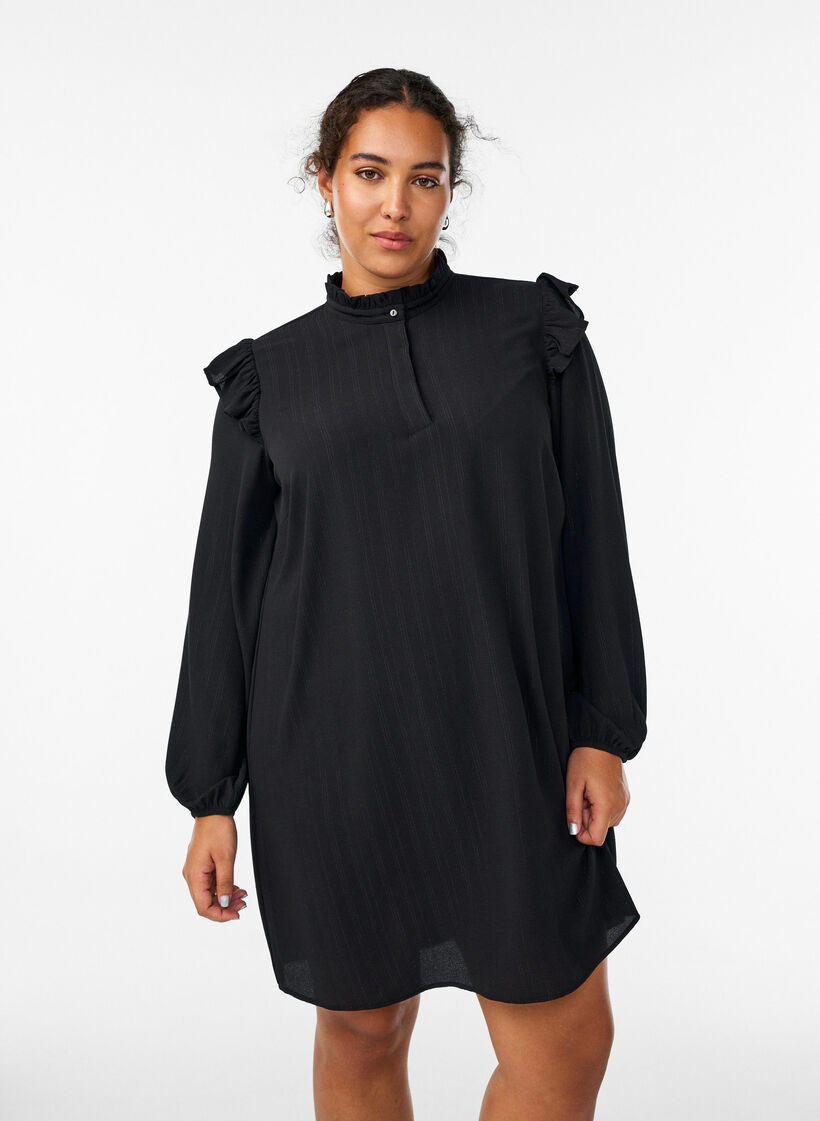 Lyhyt mekko r&ouml;yhel&ouml;ill&auml; ja kimalteella, Musta, Model image number 0