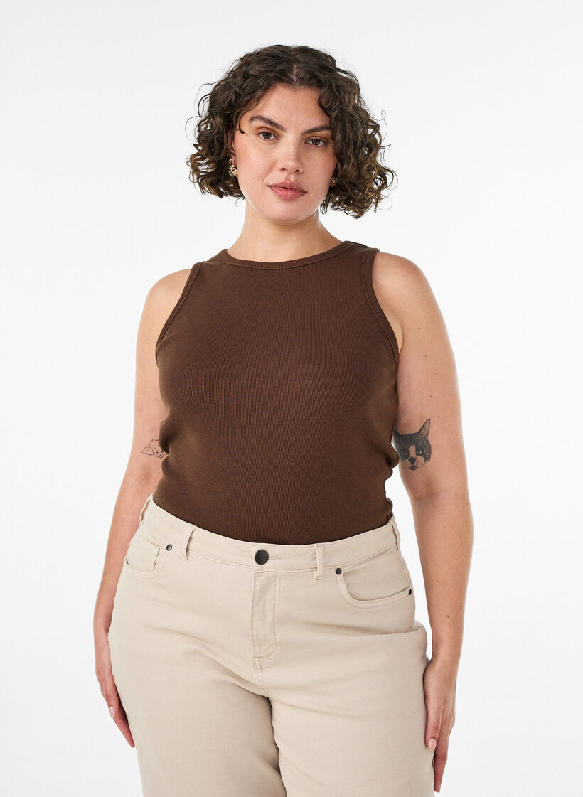Puuvillainen ribattu toppi korkealla kauluksella, Ruskea, Model image number 0