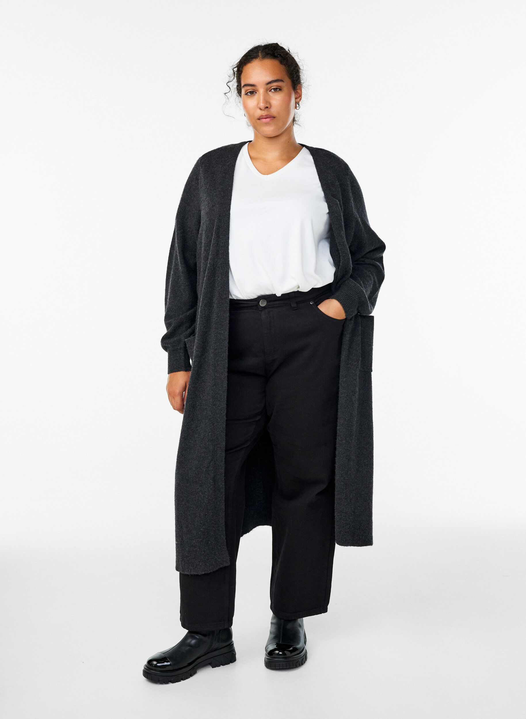 Zizzi Pitk&auml; neuletakki taskuilla, Harmaa, Model image number 0