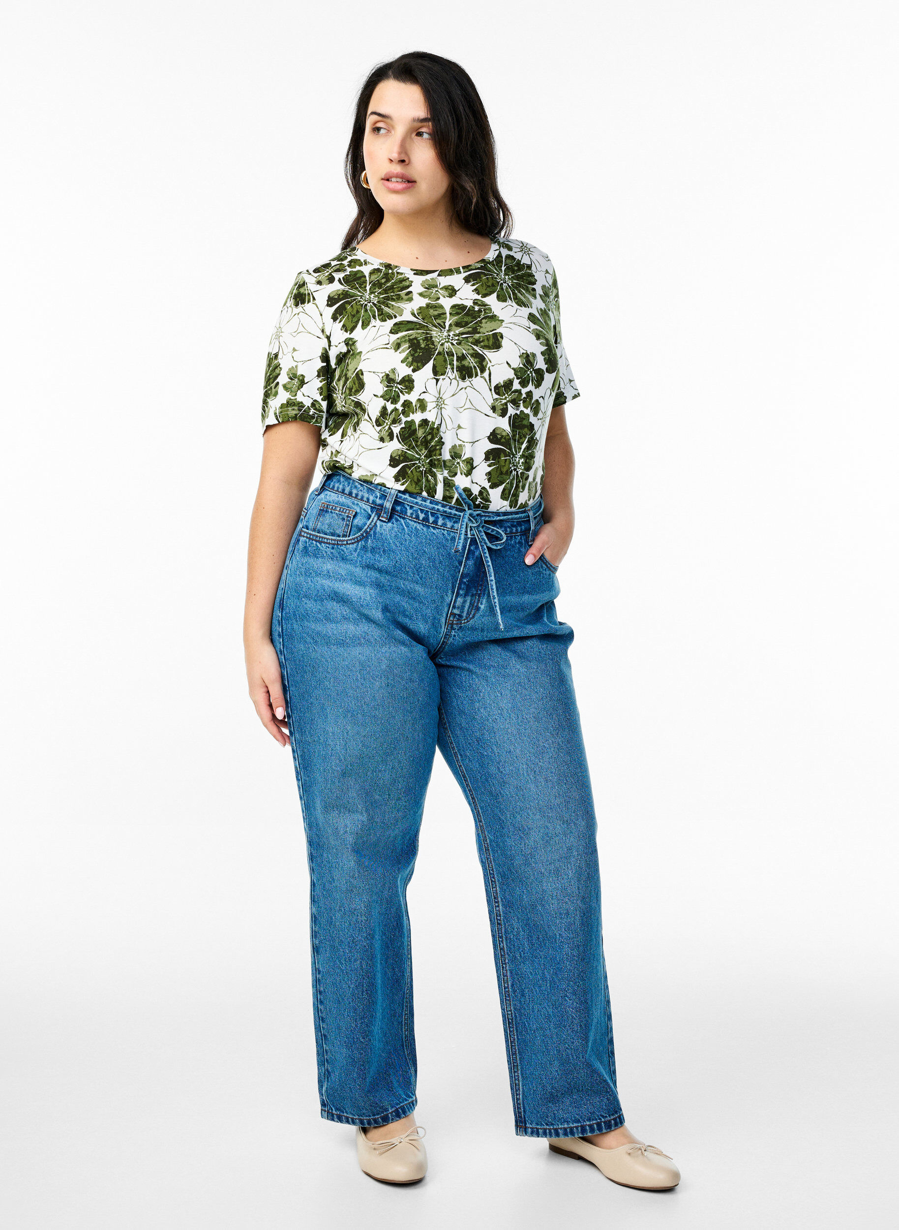 Zizzi T-paita kukkakuviolla, Vihre&auml;, Model image number 1