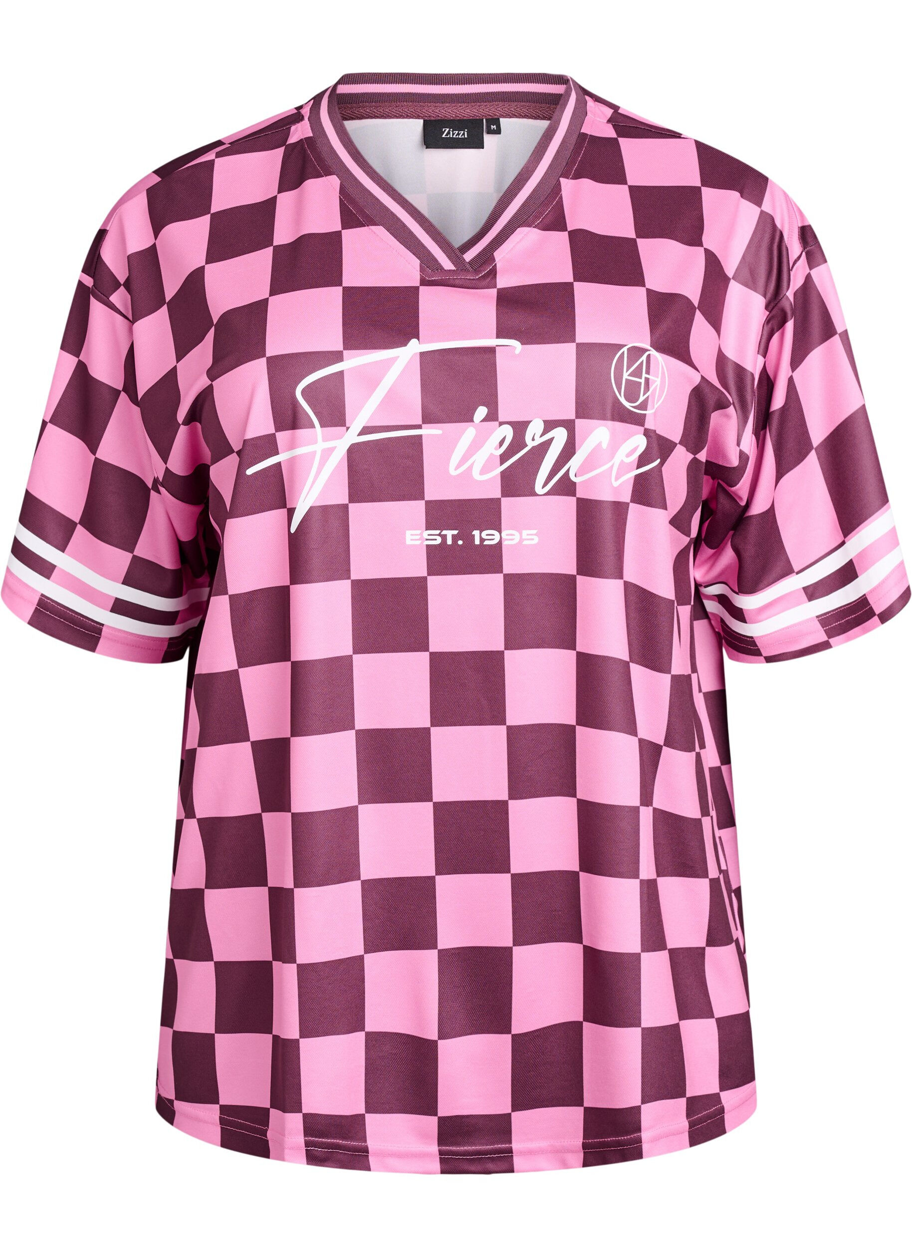 Zizzi Urheilullinen T-paita ruutukuvioilla ja tekstiprintill&auml;, Punainen, Packshot image number 0