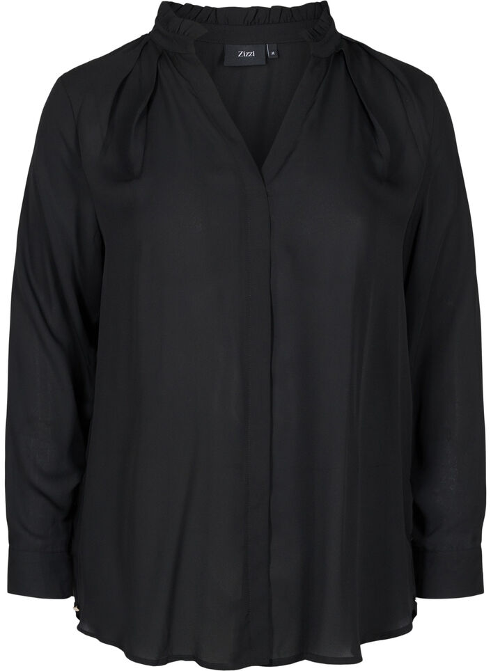 Pitkähihainen paita röyhelökauluksella, Black, Packshot image number 0