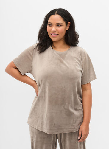 Lyhythihainen t-paita velour-kankaasta, Taupe Gray, Model image number 0