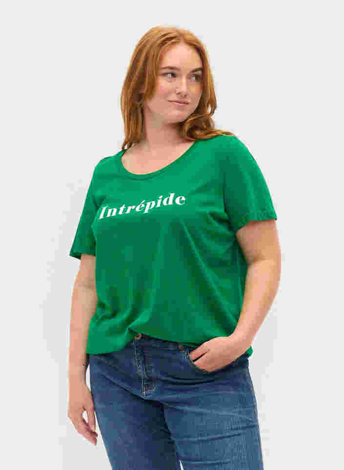 Lyhythihainen puuvillainen t-paita tekstipainatuksella, Jolly Green, Model